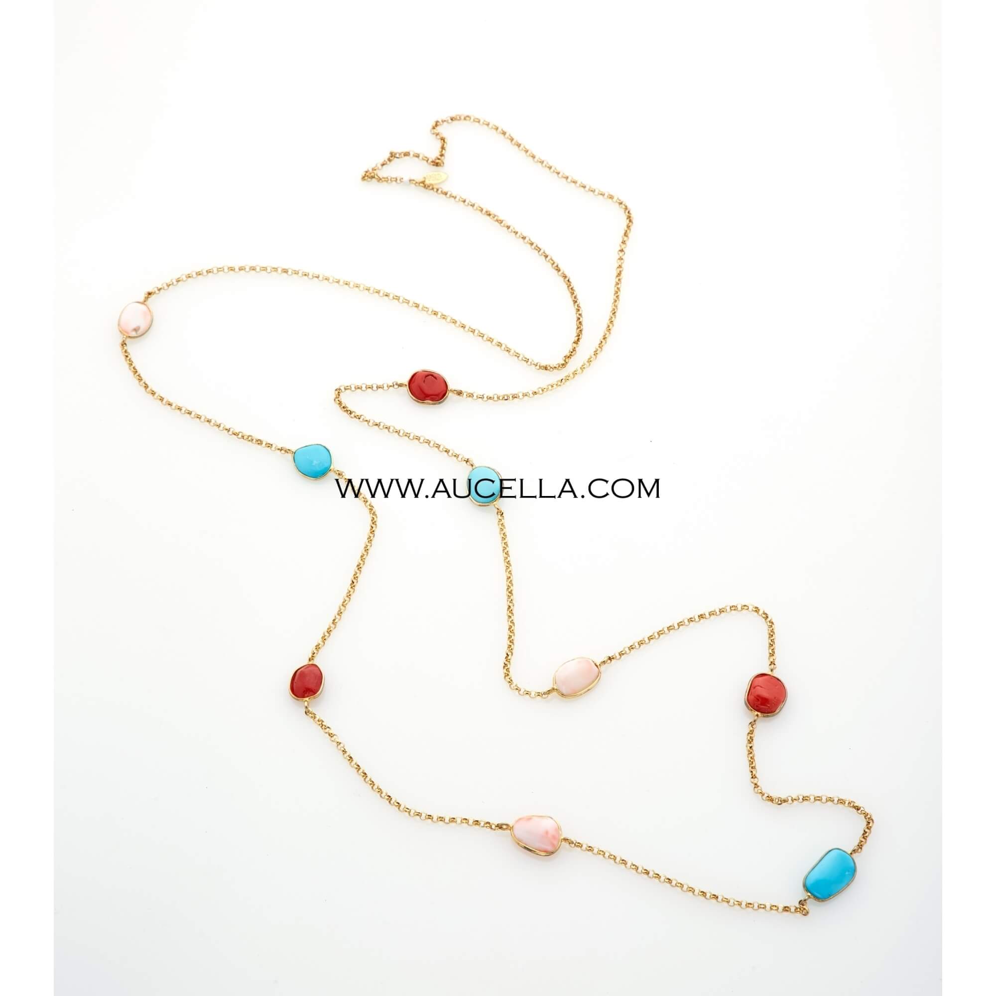 Necklace set in silver with coral and turquoise cabochon