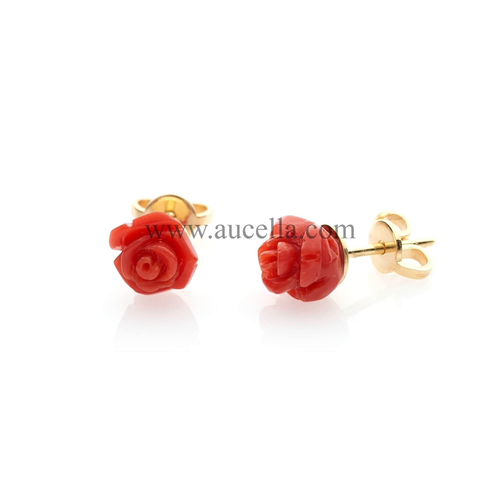 Earrings set in gold with coral roses 8 mm