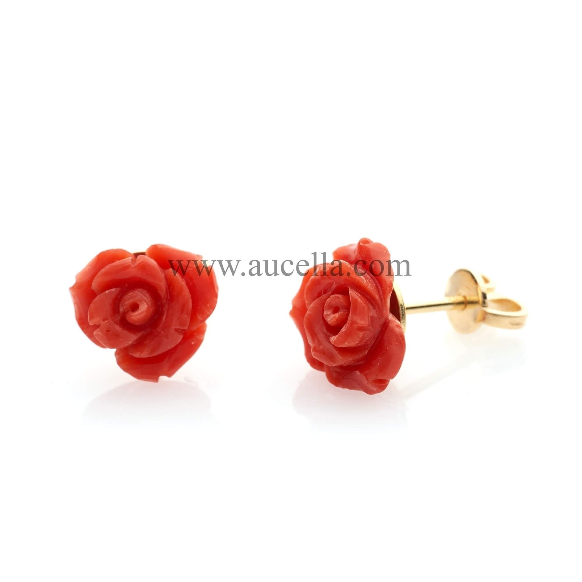 Earrings set in gold with red coral roses 10 mm 